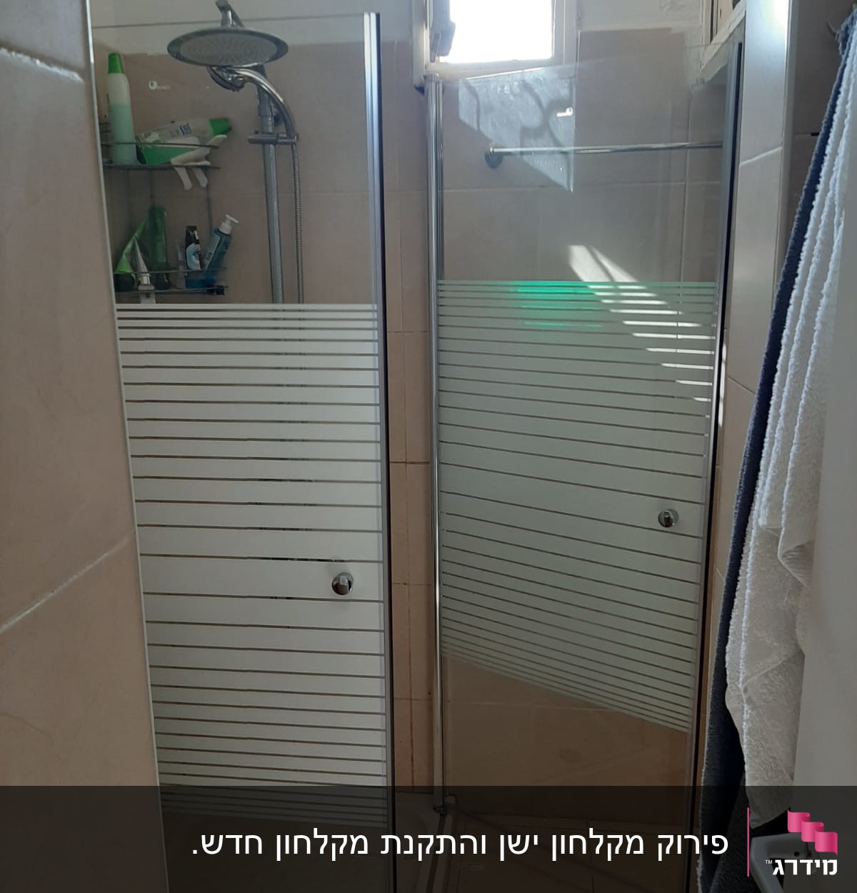 מקלחת עם דלת זכוכית, ראש מקלחת ומדף עם מוצרים